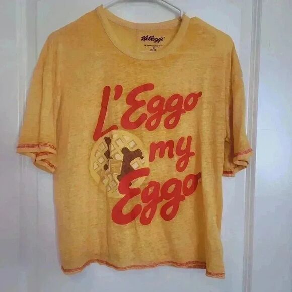 Kellogg's "L'Eggo My Eggo" Women's Yellow Cotton Graphic Crew Neck Short Sleeve - Picture 2 of 5